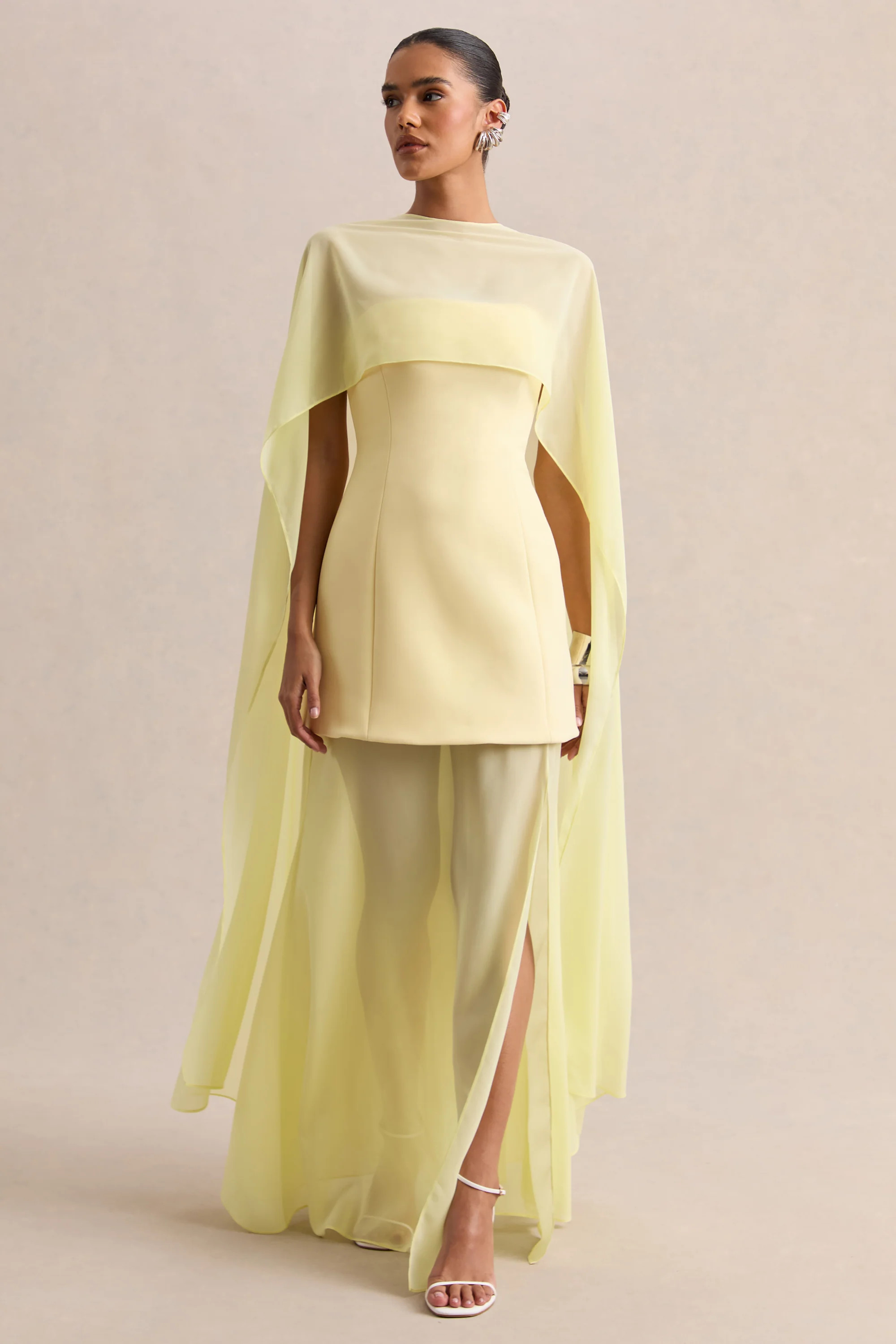 Chessa | Lemon Boat-Neck Maxi Dress With Sheer Cape | Club L London