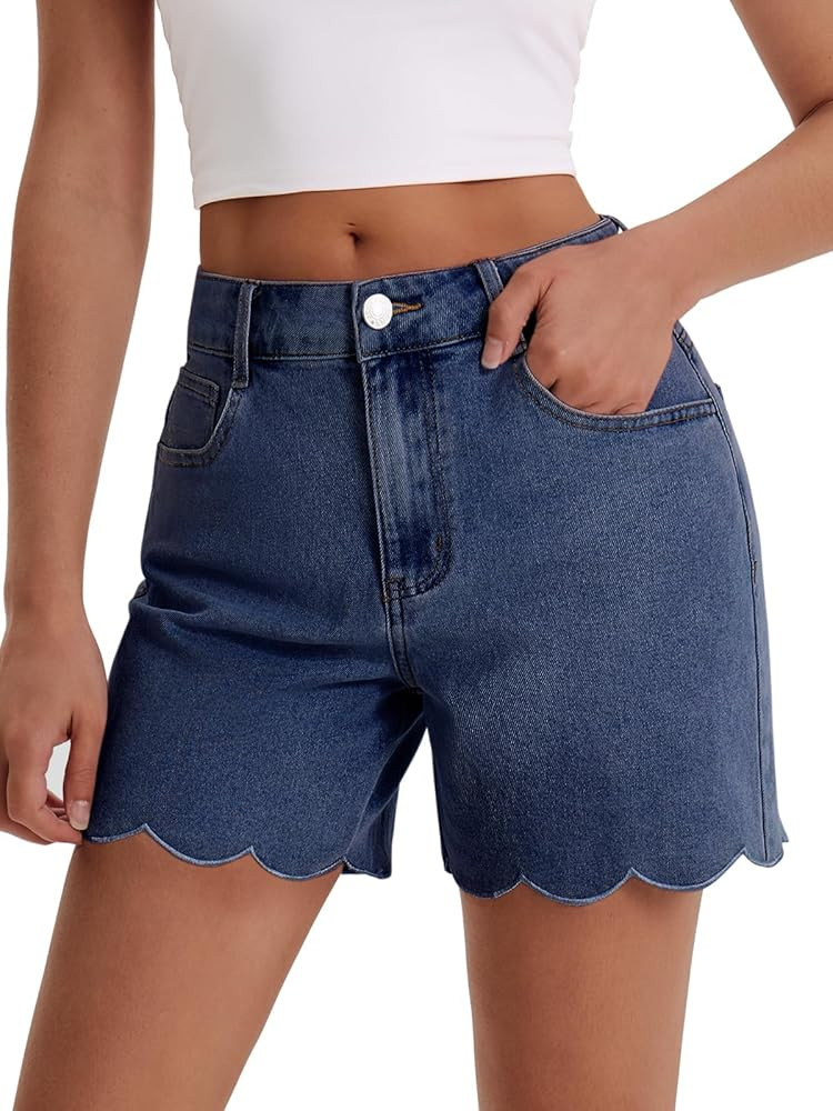 Aoysky Womens High Waisted Denim Shorts Summer Straight Leg Wave Hem Short Jeans Casual Trendy Jo... | Amazon (US)