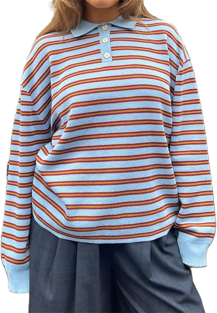 Women Y2k Striped Rugby Polo Shirt Knit Vinatge Tops Long Sleeve Button Collared Neck Preppy Pull... | Amazon (US)