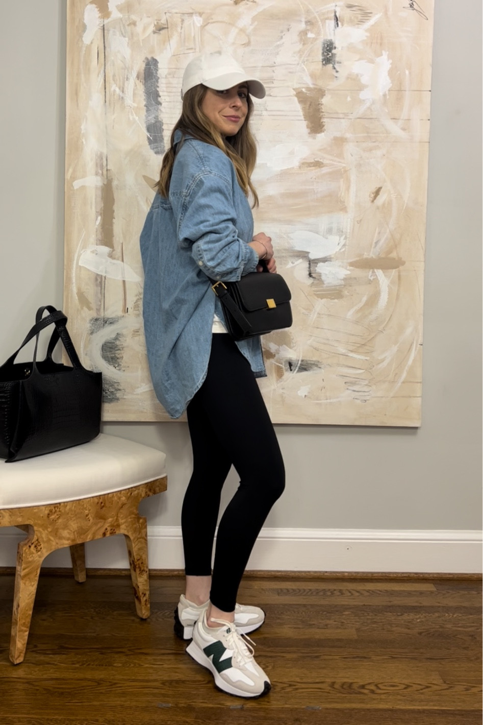 Casual weekend outfit inspo
Denim shirt oversized citizens of humanity 
Amazon black leggings 
Curated black handbag 
New balances 327
AMO oversized tshirt 

#LTKshoecrush #LTKstyletip #LTKunder50