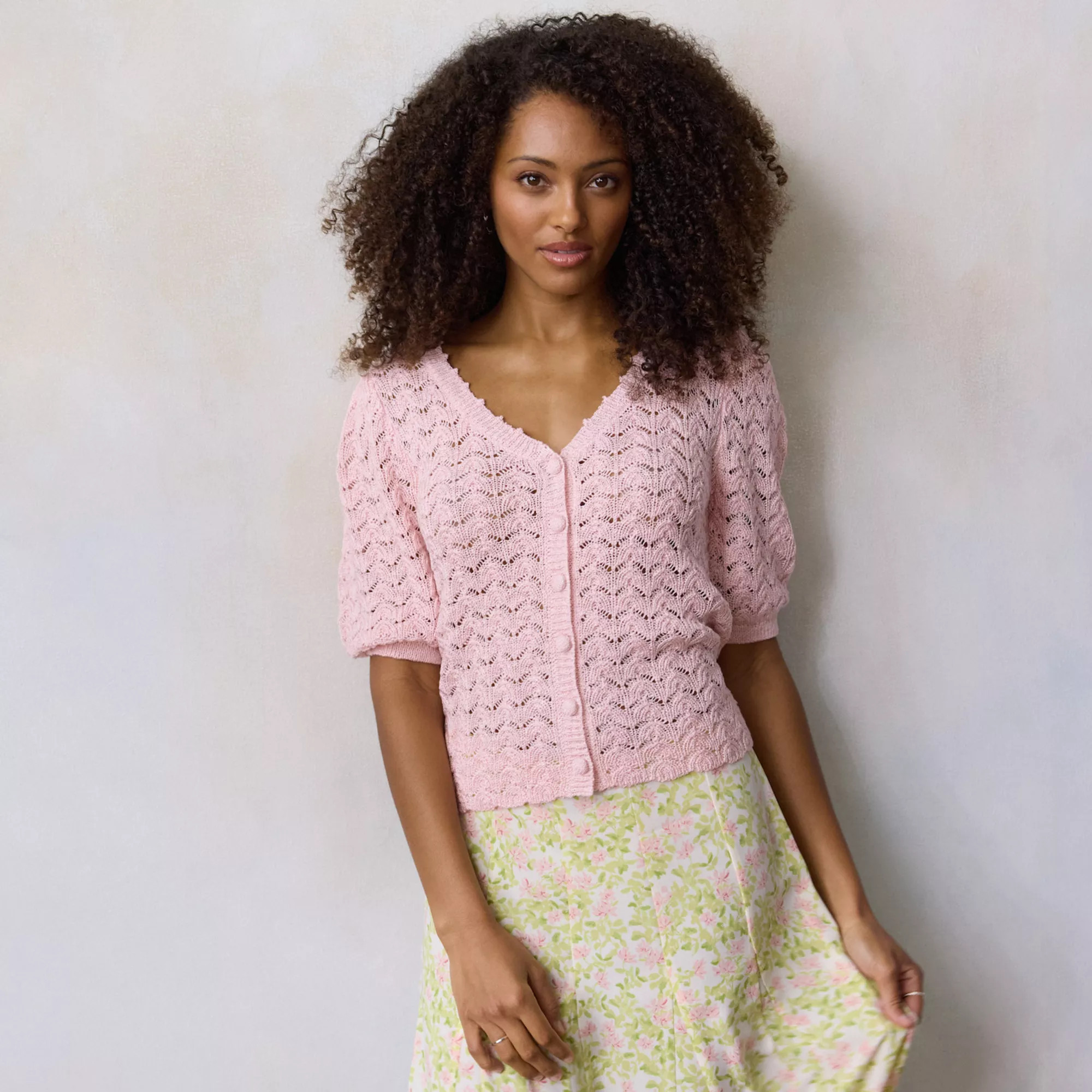 Women's LC Lauren Conrad Pointelle V-Neck Short Sleeve Sweater | Kohl's