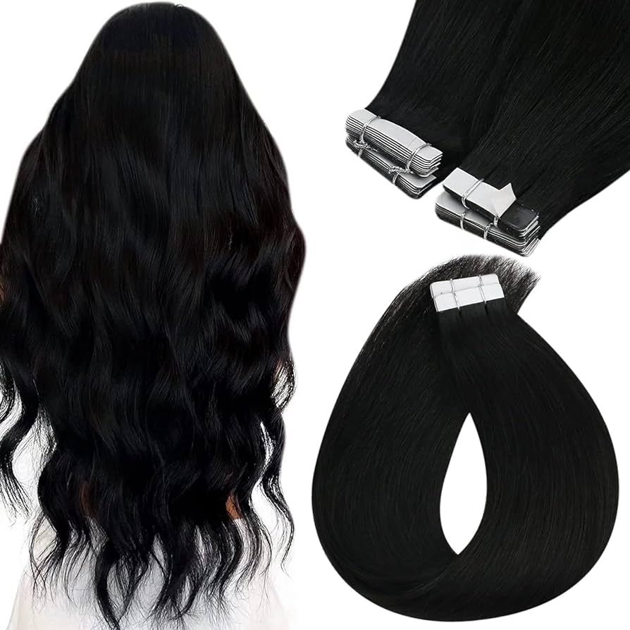 Sunny Black Tape in Hair Extensions Human Hair Jet Black Tape in Hair Extensions Real Human Hair ... | Amazon (US)