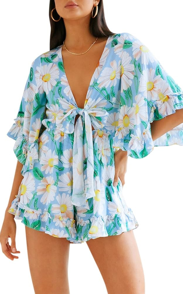 PRETTYGARDEN Women’s Floral Print Shorts Jumpsuit Wrap V Neck 3/4 Sleeve Casual Loose Oversized... | Amazon (US)