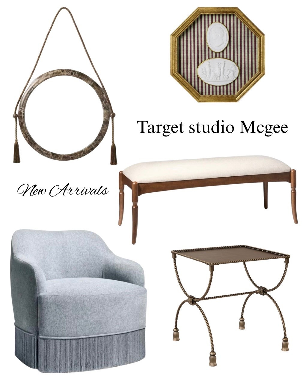 Target Studio McGee new arrivals, blue velvet chair with fringe, side table, bench, mirror, intaglio wall, French, modern, coastal, and entry, living room, bedroom, office.

#LTKHome