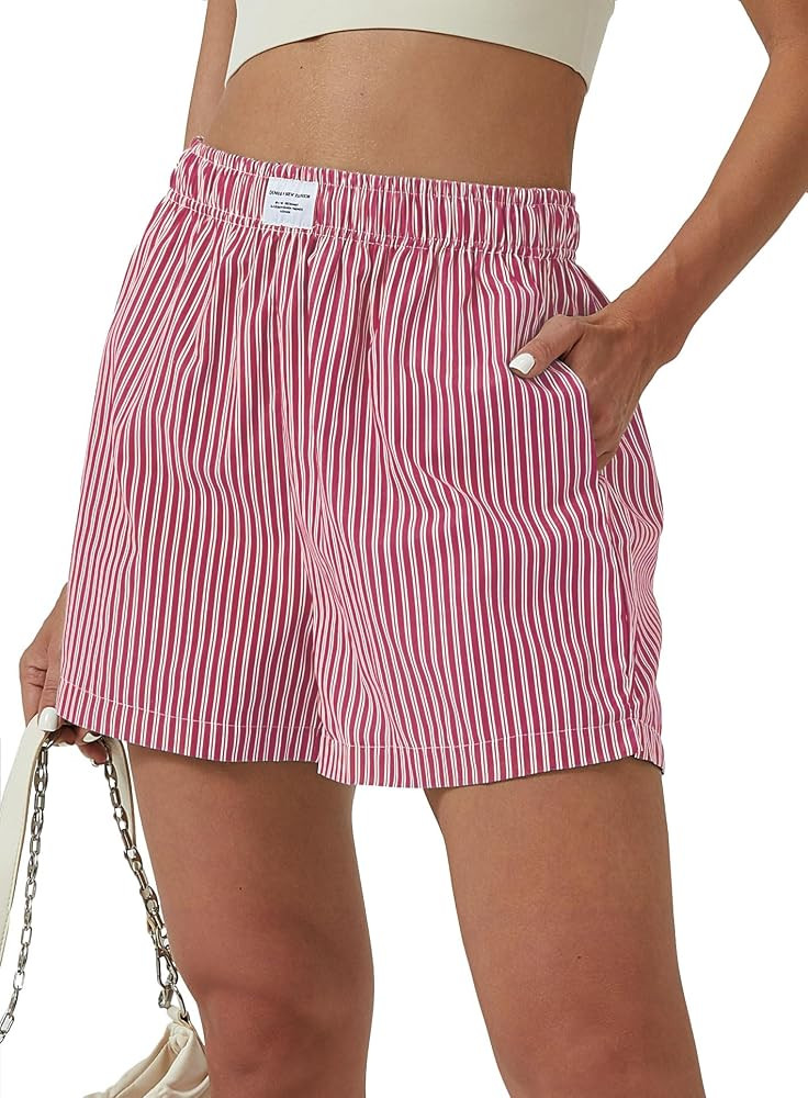 XinYangNi Women's Casual Striped Print Shorts Elastic High Waisted Straight Leg Bermuda Shorts wi... | Amazon (US)