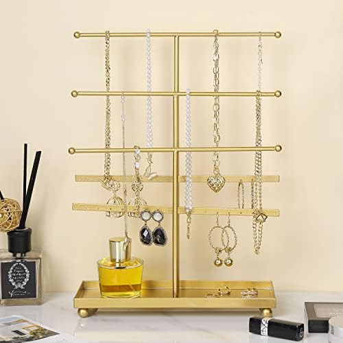MyGift 5-Tier Gold Tabletop Metal Jewelry Necklace, Bracelet, Earring, Organizer with Ring Tray | Amazon (US)