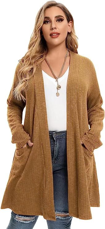 LARACE Open Front Knit Cardigan Sweaters for Women Plus Size Long Sleeve Tops with Pockets Lightw... | Amazon (US)