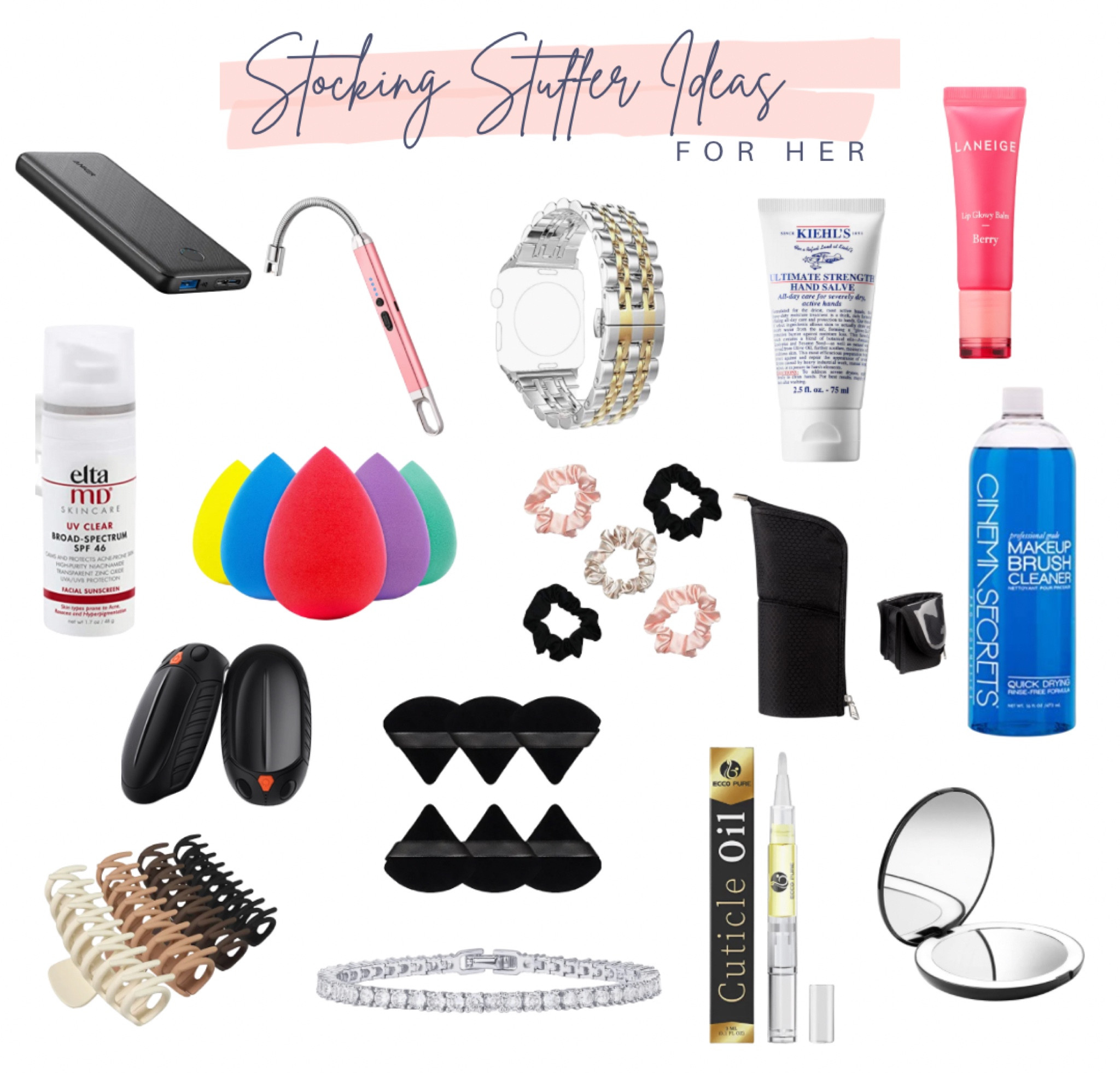 Stocking stuffer ideas for her. Everything is under $50 with most being less than $25. 💗 

Portable charger, rechargeable lighter, cute watch band for Apple Watch, Kiehls hand cream, Laniege glowy balm, Elta MD sunscreen, Beauty Blenders, Satin Scrunchies, Makeup Brush Carrier, Cinema Secrets Brush Cleaner, Rechargeable Hand Warmers, Powder Puffs, Claw Clips, Tennis Bracelet, Cuticle Oil, LED Compact Mirror 

#LTKHoliday #LTKGiftGuide #LTKunder50