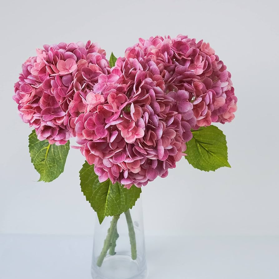 Amazon.com: YalzoneMet 3pcs Real Touch Hydrangea Artificial Flowers, 21" Dark Pink Large Long Ste... | Amazon (US)