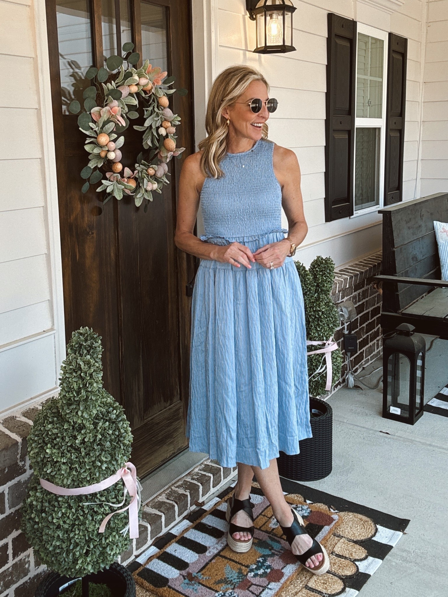 There’s a $25 warm weather style dress is perfect to keep it simple and fun. The smocked design hugs you in all the right places creating a sophisticated silhouette. Wearing a size XS (size up if you have a bigger chest)  