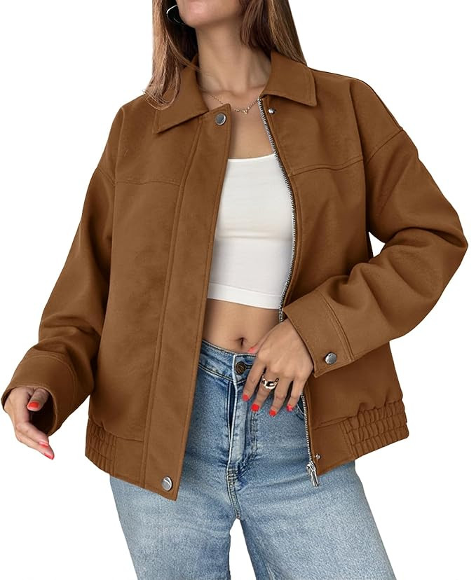 Tankaneo Women's Faux Suede Motorcycle Jackets Oversized Zip Up Bomber Coats Fall Fashion Winter ... | Amazon (US)