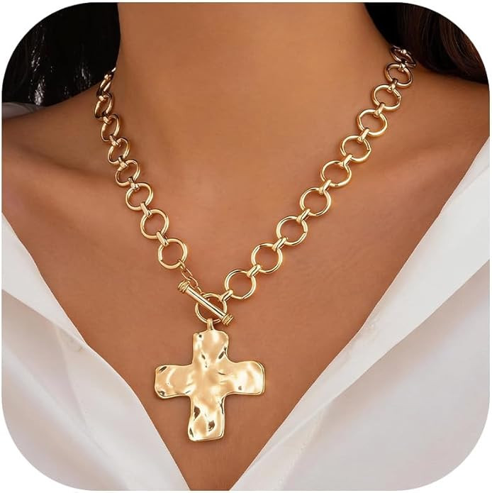 Chunky Cross Necklace for Women Chunky Gold Necklace Statement Cross Pendant Vintage Toggle Clasp... | Amazon (US)