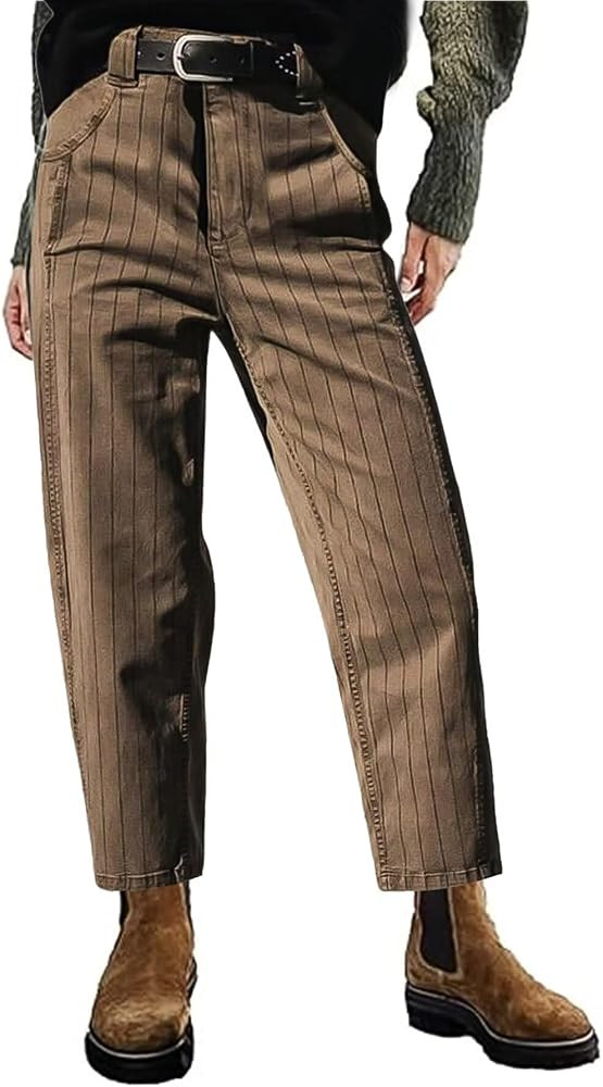 Flamingals Straight Leg Mid Waist Vintage Cropped Stripe Barrel Stretchy Jeans Without Belt | Amazon (US)