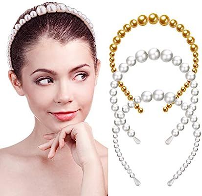 3 Pieces Pearl Headbands Big Faux Pearl Headband Bridal Wedding Hair Accessories for Women Girls ... | Amazon (US)