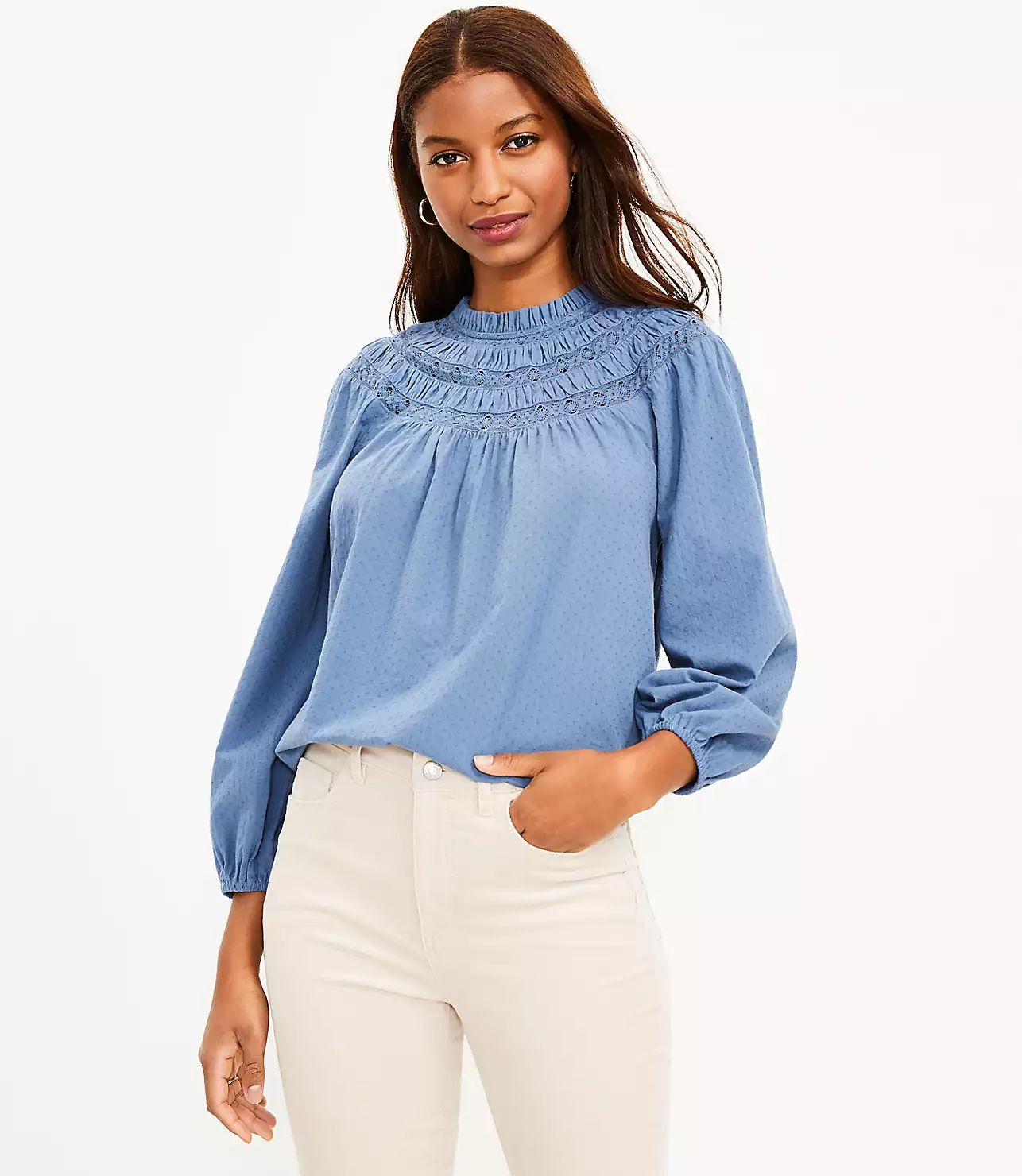 Smocked Lace Yoke Blouse | LOFT