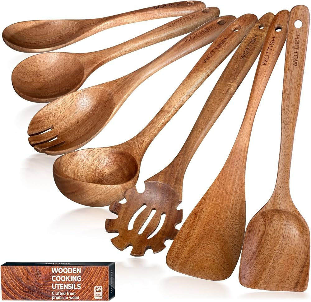 Wooden Utensil Set,WOTTISH 7Pcs Nonstick Wood Spatula,Wooden Kitchen Utensils Set Non Toxic,Woode... | Amazon (US)