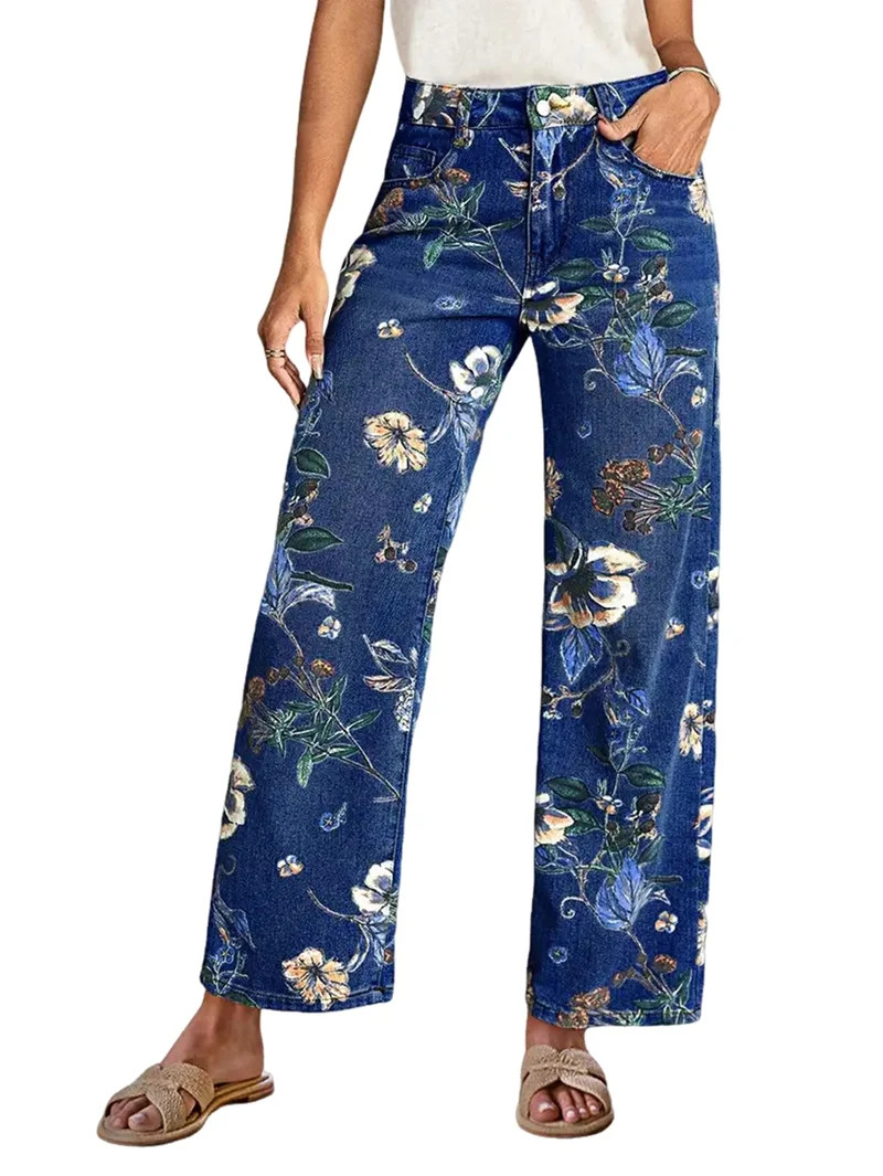 Floral Print Wide Leg Pants for Women Trendy Mid Rise Boho Ankle Cute Jeans S | Walmart (US)