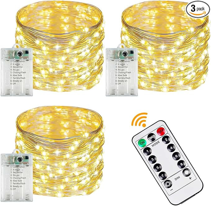 3-Pack 78FT 240 LED Fairy Lights Battery Operated with Timer & Remote, Waterproof Twinkle Lights ... | Amazon (US)