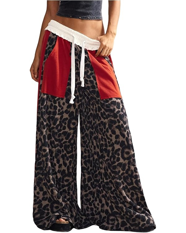 RoseSeek Women's Baggy Sweatpants Color Block Patchwork Wide Leg Sweat Pants Palazzo Flowy Pants ... | Amazon (US)