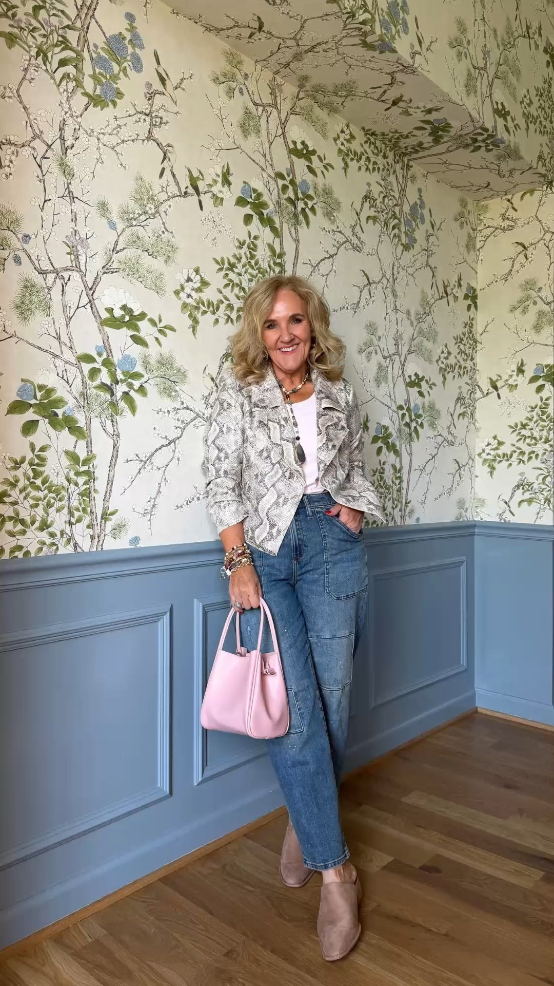 A printed jacket makes this classic denim outfit feel instantly more interesting. I love the mix of the neutral snakeskin-inspired print with relaxed straight-leg jeans, a soft pink bag, and neutral ankle boots. The result is polished and easy to wear, with just enough color and pattern to make the basics feel special.

💡 LTK MADE EASY
❤️ Heart = Support my posts!
🔖 Save = Get sale & restock alerts
📋 Lists = Keep favorites organized
📲 Share = Send lists and products to a friend. Hello, Christmas List!
💬 Comment = Ask me anything about what I'm wearing.:-)

#LTKdayinmylife #LTKootd #LTKOver40