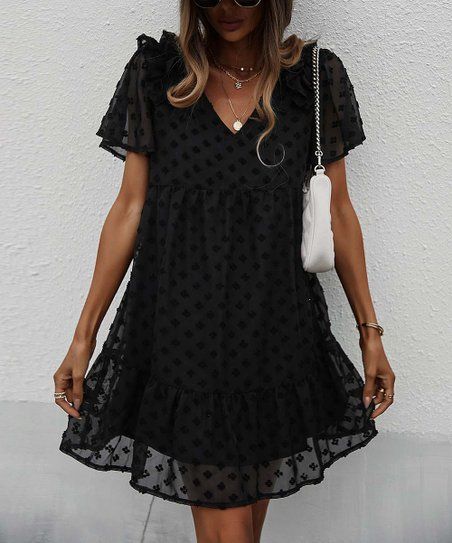 Black Swiss Dot Tiered V-Neck Dress - Women | Zulily