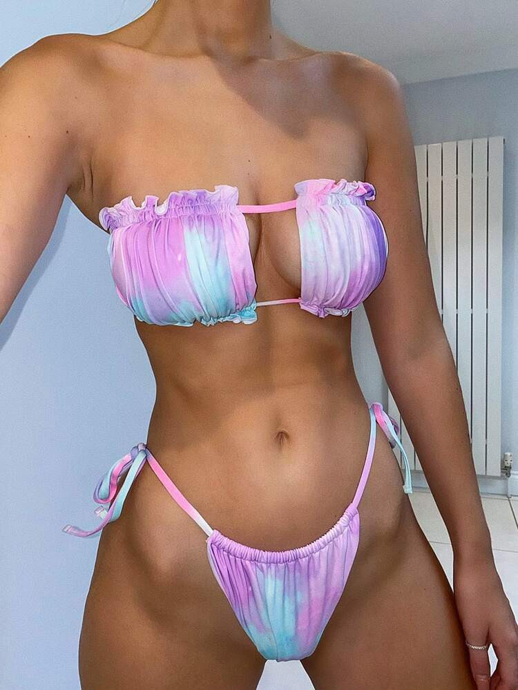 Tie Dye Ruched Bandeau Tie Side Bikini Swimsuit | SHEIN