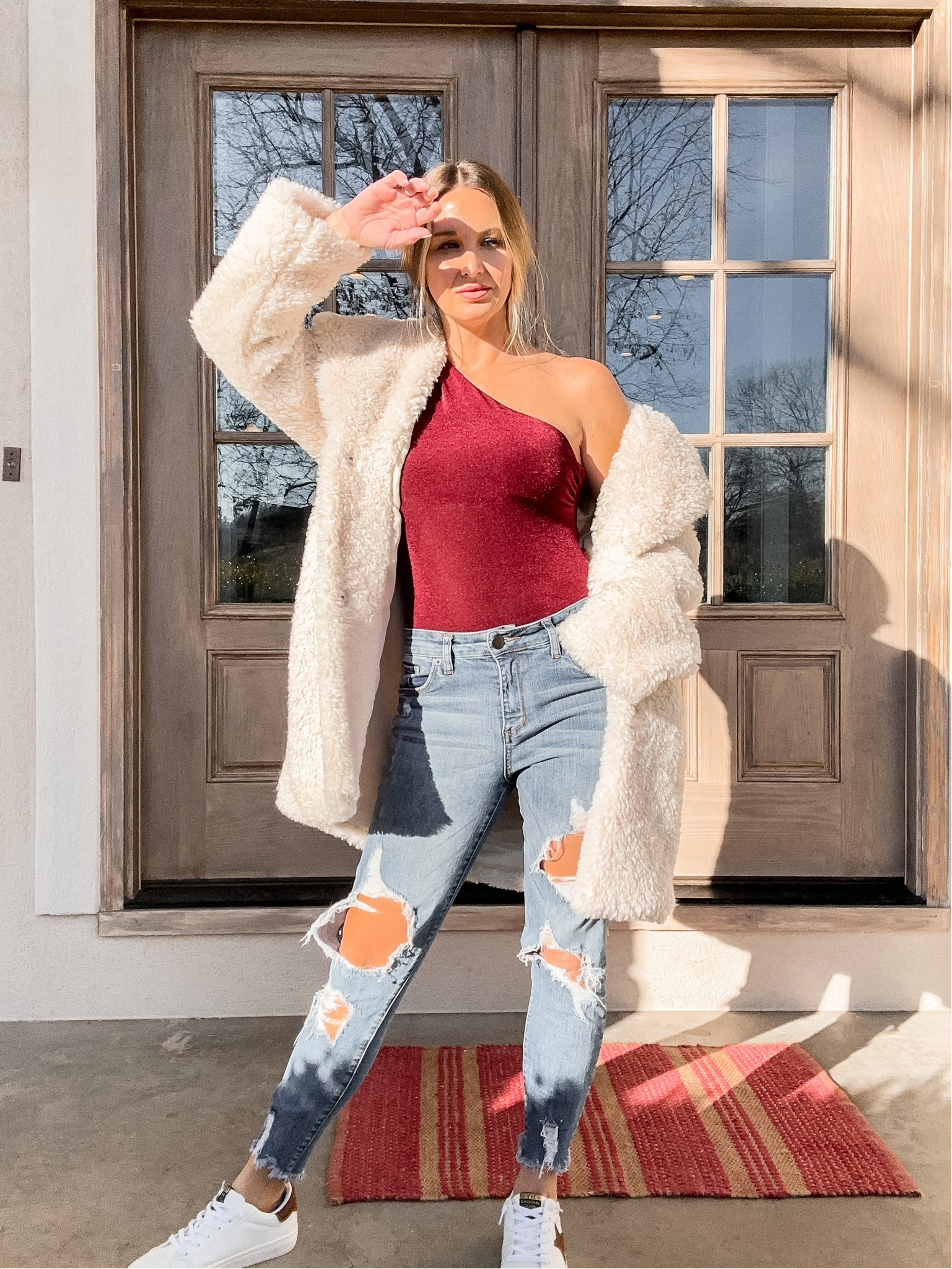 One shoulder bodysuit, velvet, yess coat, shearling coat, distressed denim, vintage Havana sneakers, white sneakers 

#LTKSeasonal #LTKFind #LTKstyletip