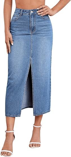 SweatyRocks Women's Casual Denim Skirt High Waist Split Front Long Jean Skirts | Amazon (US)