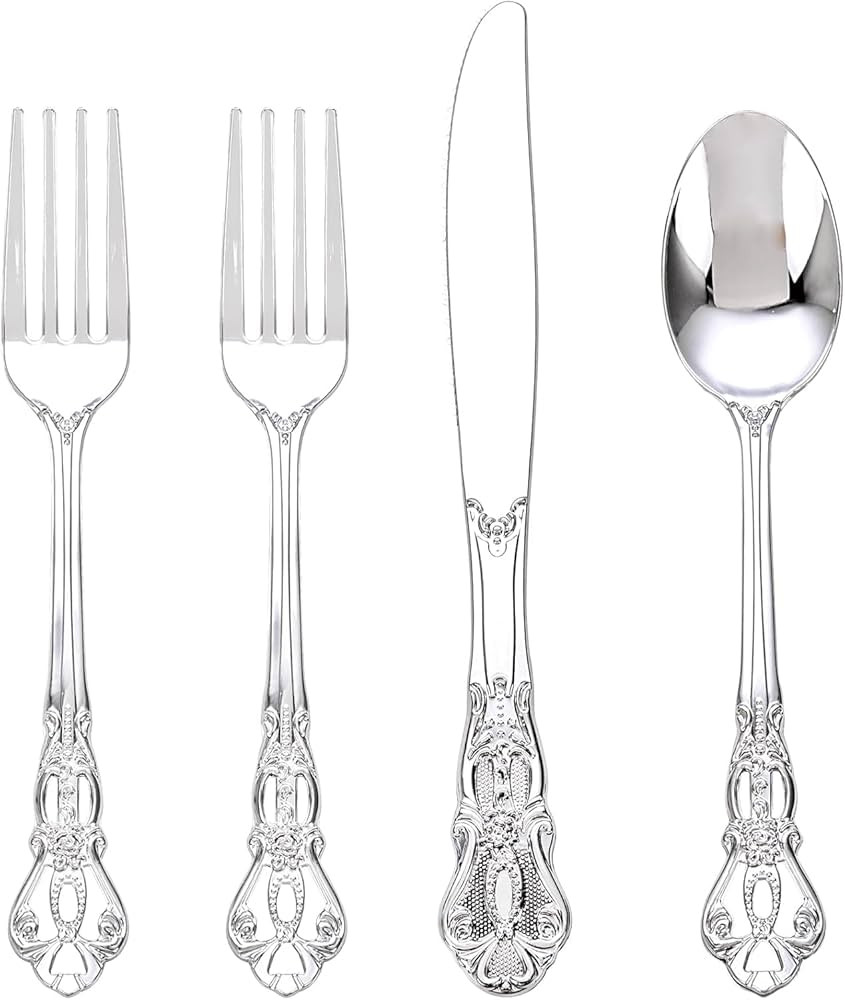 200PCS Silver Plastic Cutlery - Vintage Silver Disposable Silverware - Heavyweight Plastic Utensi... | Amazon (US)