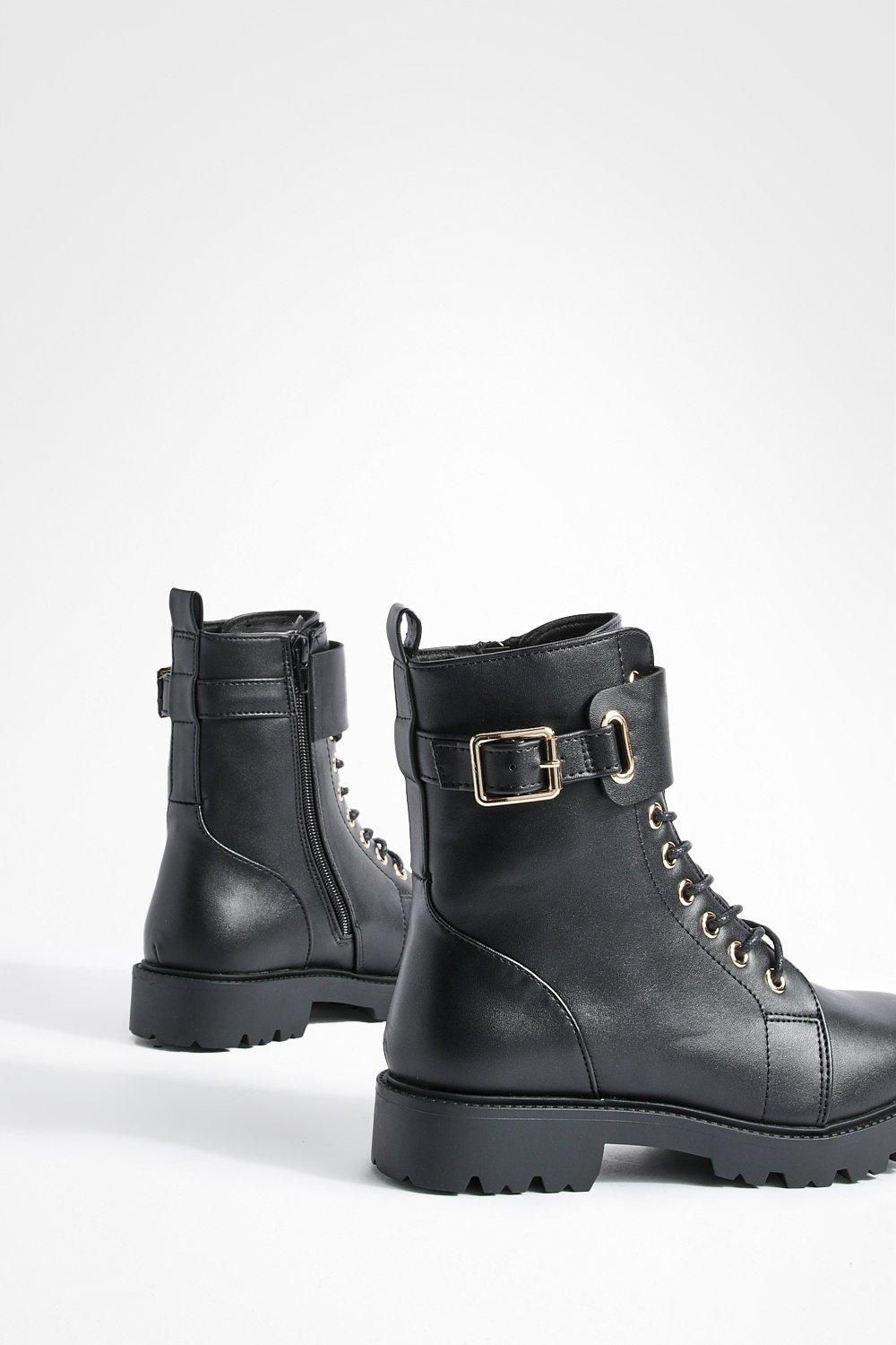 Wide Width Buckle Detail Lace Up Combat Boots | boohoo (US & Canada)