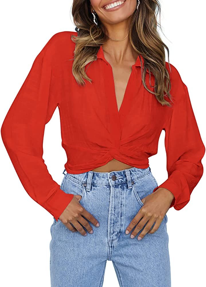 Zeagoo Women's V Neck Twist Hem Blouse Long Sleeve Crop Top Casual Button Shirts | Amazon (US)