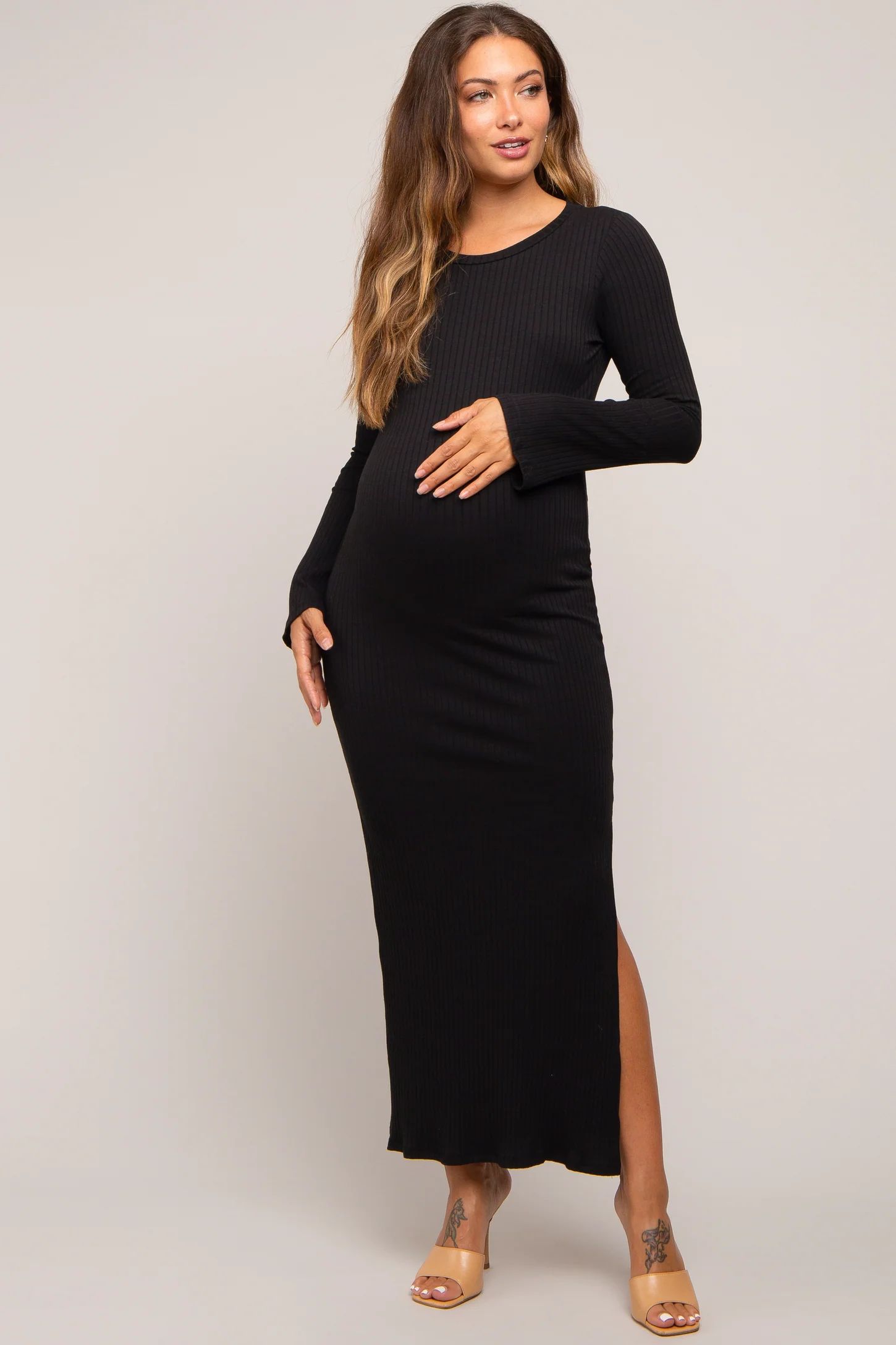 Black Ribbed Side Slit Maternity Maxi Dress | PinkBlush Maternity