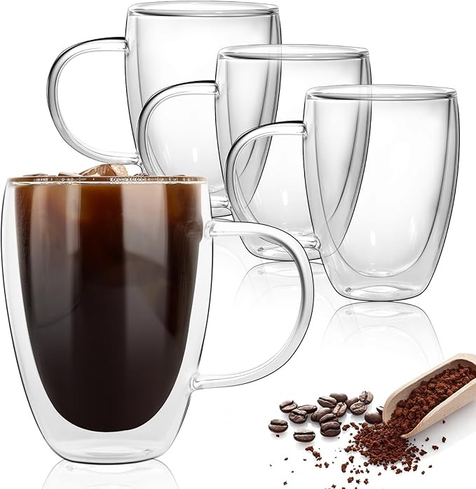 Liuruiyu Glass Coffee Mug Set of 4 Double Wall Clear Mugs, Insulated Coffee Cups with Handle Fits... | Amazon (US)