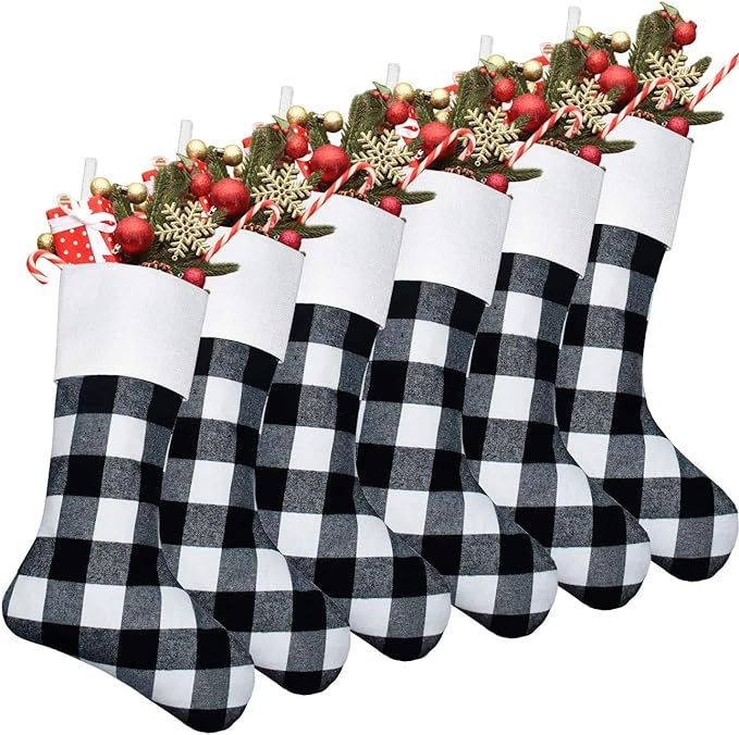 Senneny 6 Pack Christmas Stockings- 18 Inch Black White Buffalo Plaid Christmas Stockings Firepla... | Amazon (US)