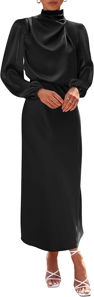 BTFBM Women's Mock Neck Satin Dress Elegant Long Sleeve Elastic High Waist Formal Wedding Cocktai... | Amazon (US)