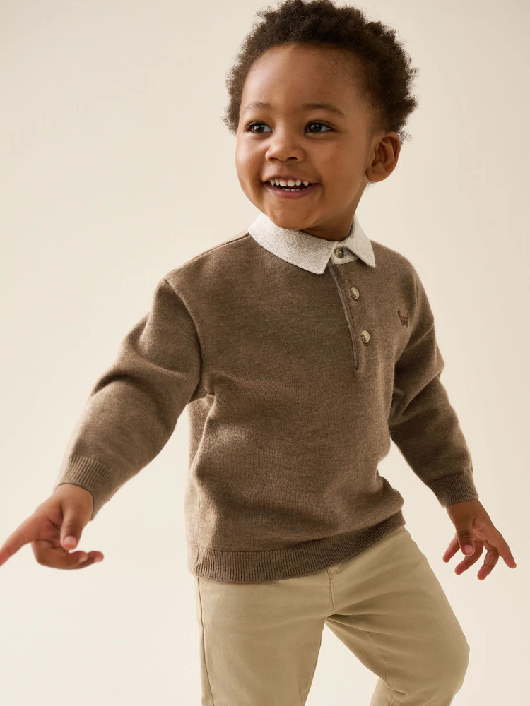 Tan Brown Contrast Collar Button Neck Knitted Polo Shirt (3mths-7yrs) | Next US