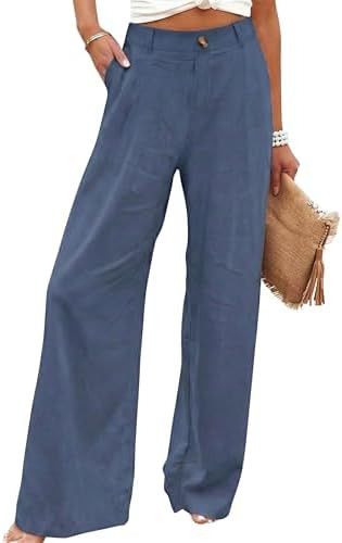 Hooever Womens Cotton Linen Pants Casual Button Up High Waisted Wide Leg Trousers | Amazon (US)