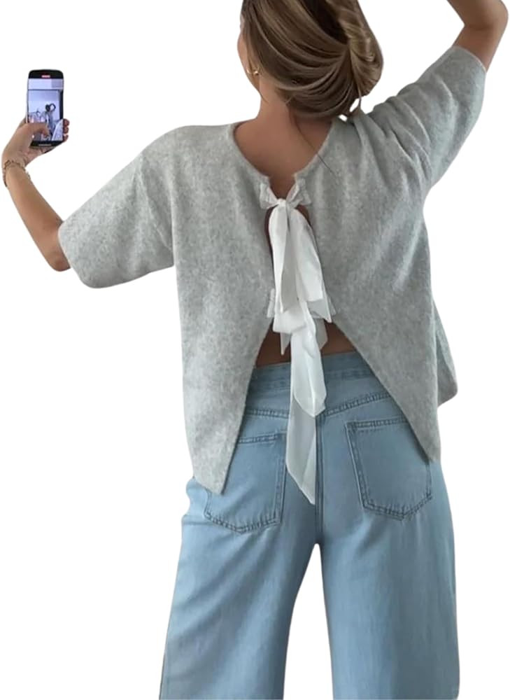 Bow Tie Front Cardigan Sweaters for Women 2025 Fall Short Sleeve Crewneck Knit Tops Cute Going Ou... | Amazon (US)