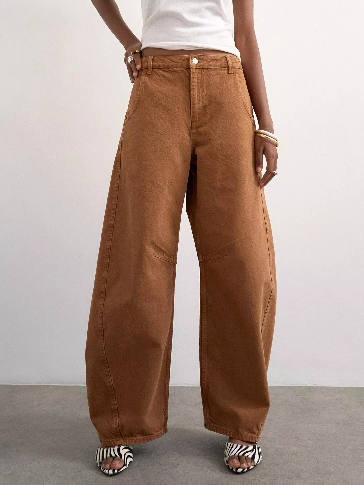 Topshop High Rise Horseshoe Barrel Leg Jeans, Brown | John Lewis (UK)