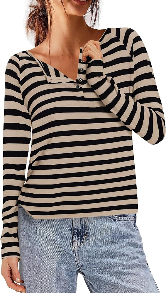 ReachMe Womens Striped Long Sleeve Henley Shirt Boat Neck Loose Fit Tops | Amazon (US)