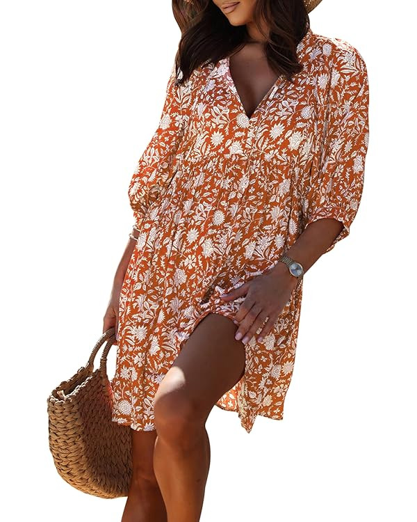miduo Womens Casual V Neck Summer Half Sleeve Bohemian Floral Mini Tunic Short Dresses | Amazon (US)