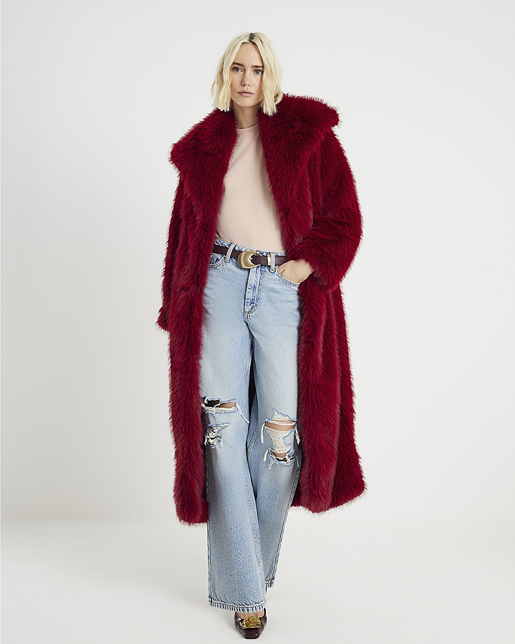 Red Maxi Faux Fur Coat | River Island UK & IE