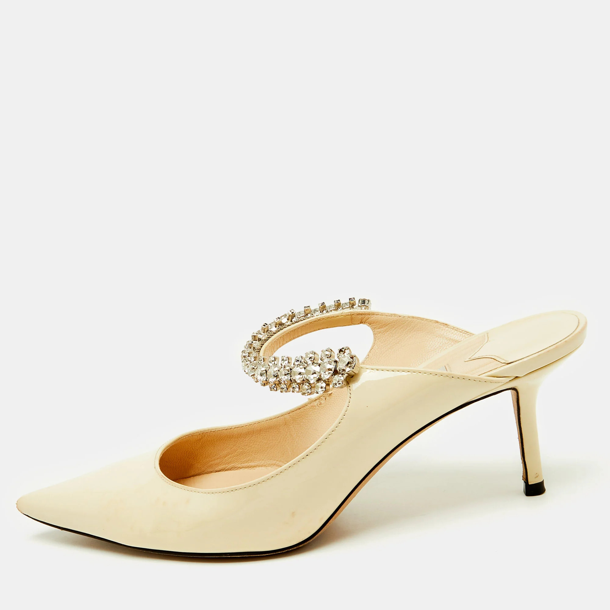 Jimmy Choo Beige Patent Leather Bing Crystal Embellished Pointed Toe Mules | Shop Simon