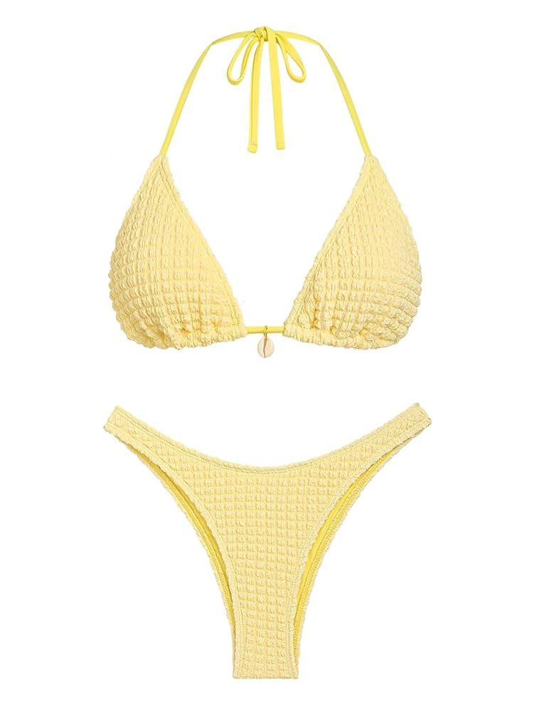 seamoly Women‘s Bikini Sets Two Piece Swimsuit Textured Halter Triangle Thong Bikini Set | Amazon (US)