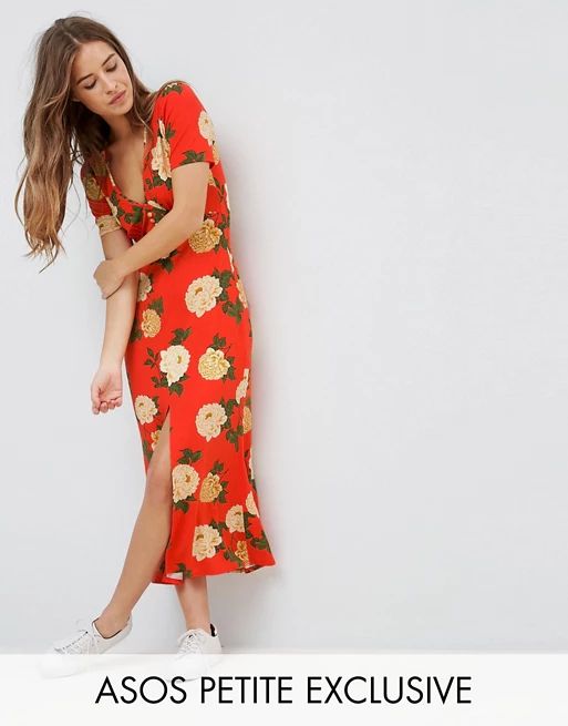 ASOS PETITE City Maxi Tea Dress with V Neck and Button Detail in Red Floral Print | Asos AU