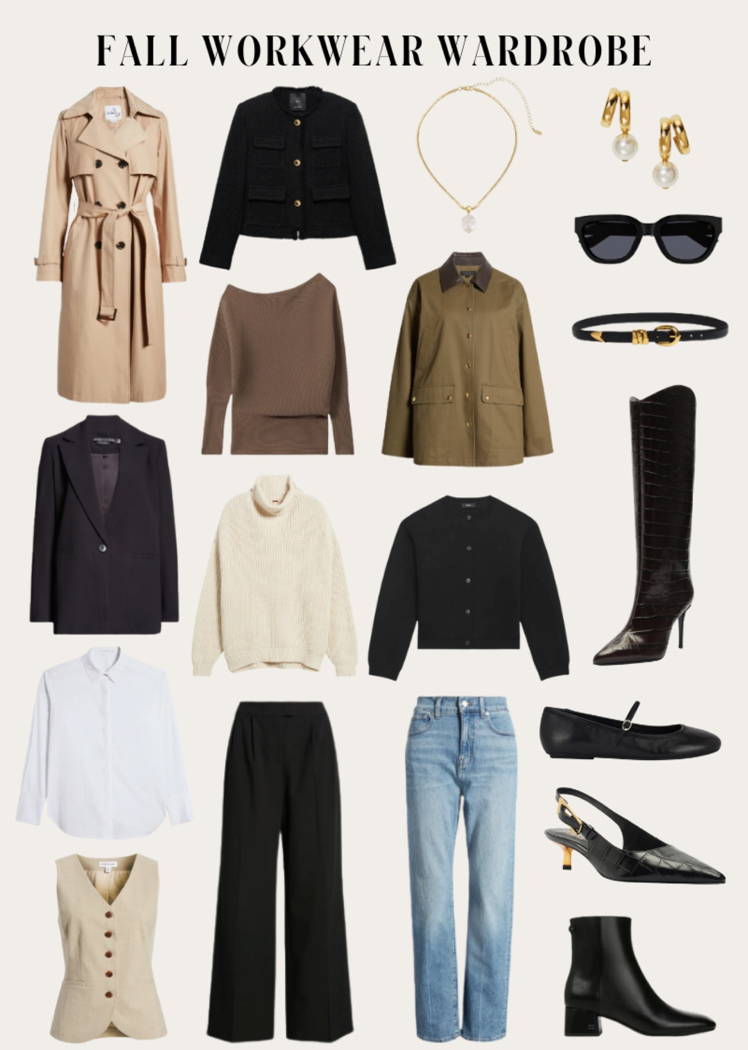Fall workwear wardrobe / fall capsule wardrobe
Trench coat, fall boots, kitten heels, barn jacket, ballet flats, and sweaters all perfect for business casual outfits 



#LTKSeasonal #LTKFindsUnder100 #LTKWorkwear