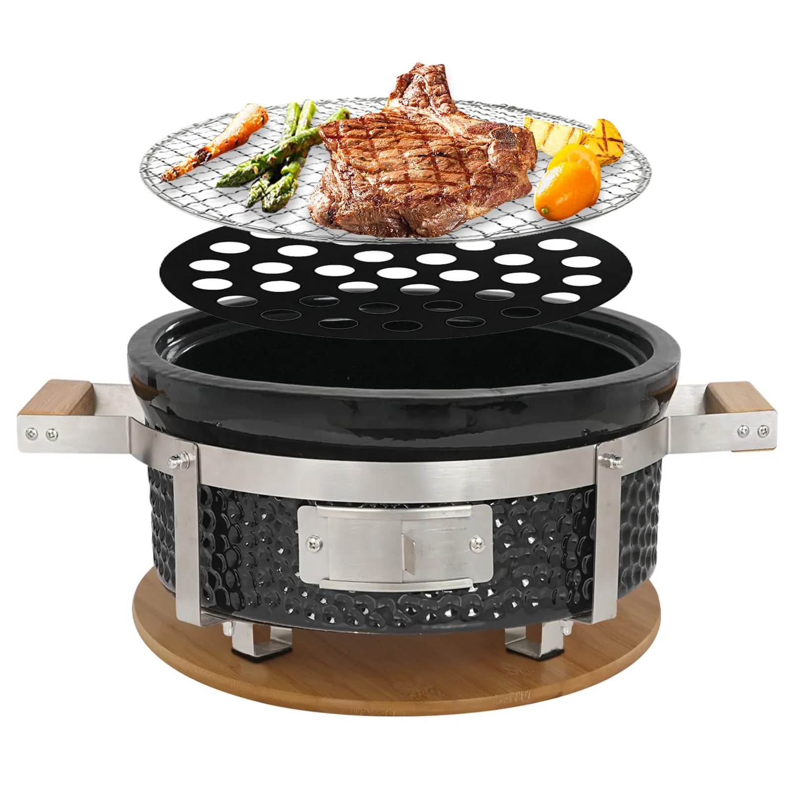 JVFCXXV Ceramic Charcoal Grill Japanese Style Tabletop BBQ Round 14 Inch Thick Cordierite Body Bamboo Heat Shield Portable Indoor Outdoor one_size | Lowe's
