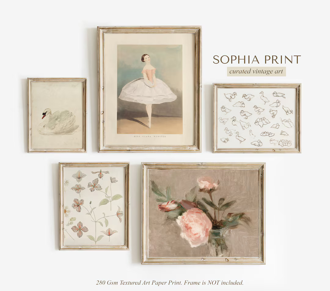 Girls Room Vintage Gallery SET, Print Set of 5, Nursery Wall Decor, Soft Powder Tone Print, Swan ... | Etsy (US)