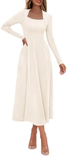 Lazysmile Long Sleeve Fall Dresses for Women Square Neck A Line Flowy Casual Elegant Wedding Gues... | Amazon (US)