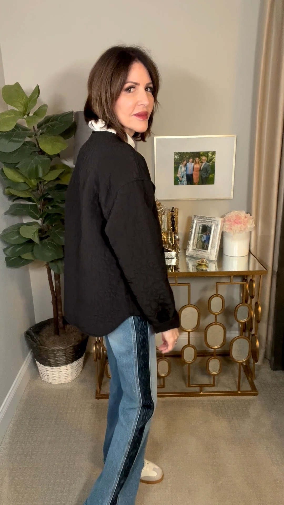 black quilted jacket, tuxedo stripe jeans, sneakers, silver hoop earrings, over 50 outfits, winter outfit 

#LTKOver40 #LTKootd #LTKSeasonal